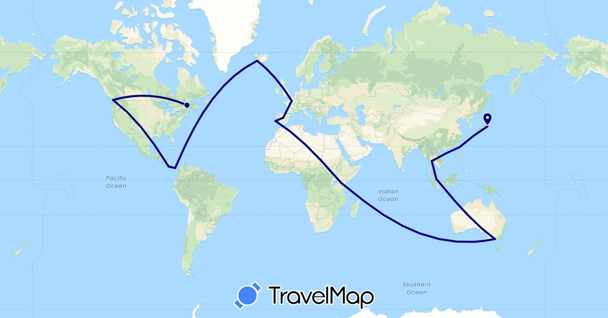 TravelMap itinerary: driving in Australia, Canada, Costa Rica, Spain, France, Iceland, Japan, Kenya, Panama, Portugal, Singapore, Thailand, Taiwan (Africa, Asia, Europe, North America, Oceania)